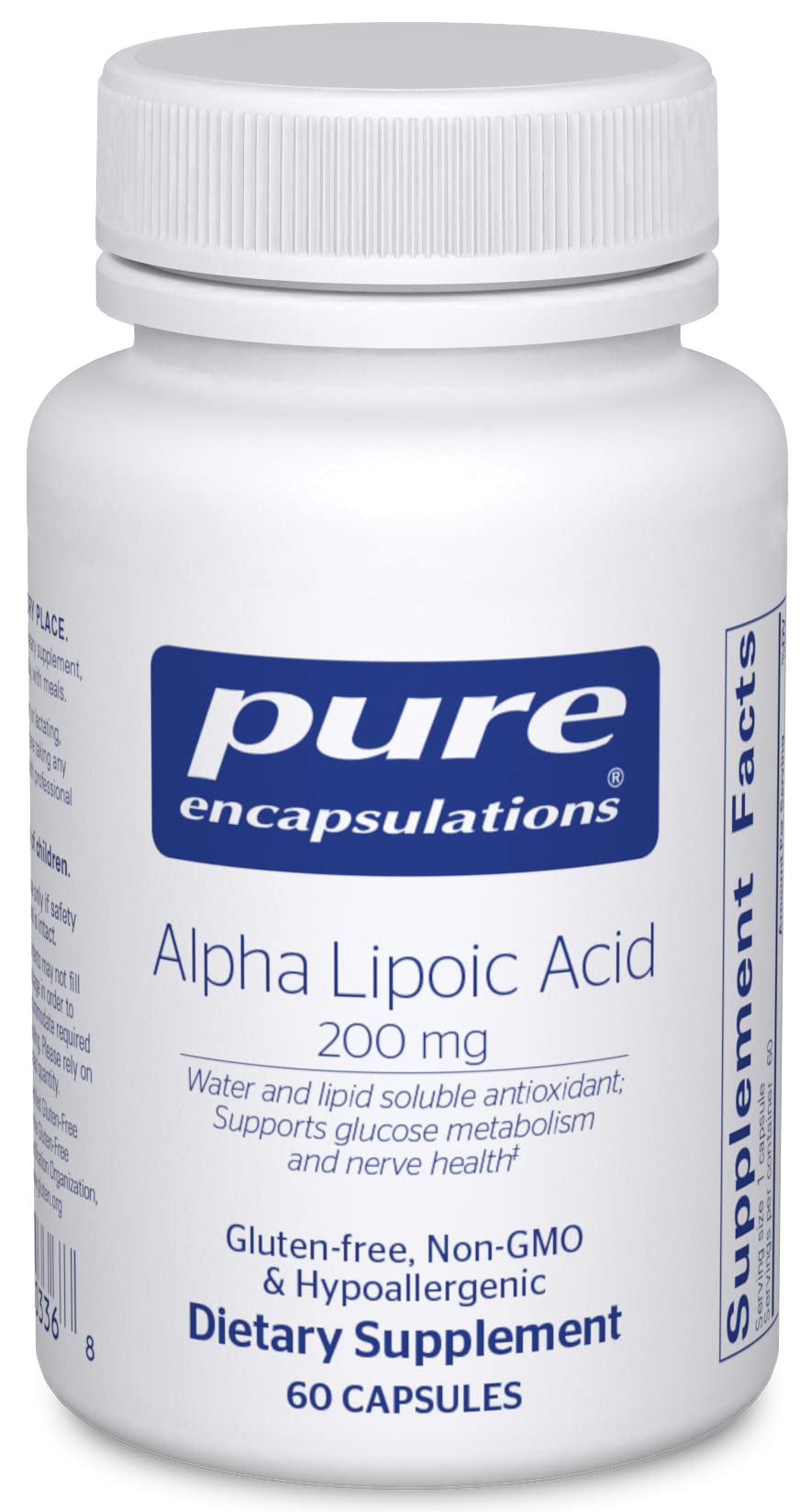 Pure Encapsulations Alpha Lipoic Acid bottle shows vegan, non-GMO formulation.