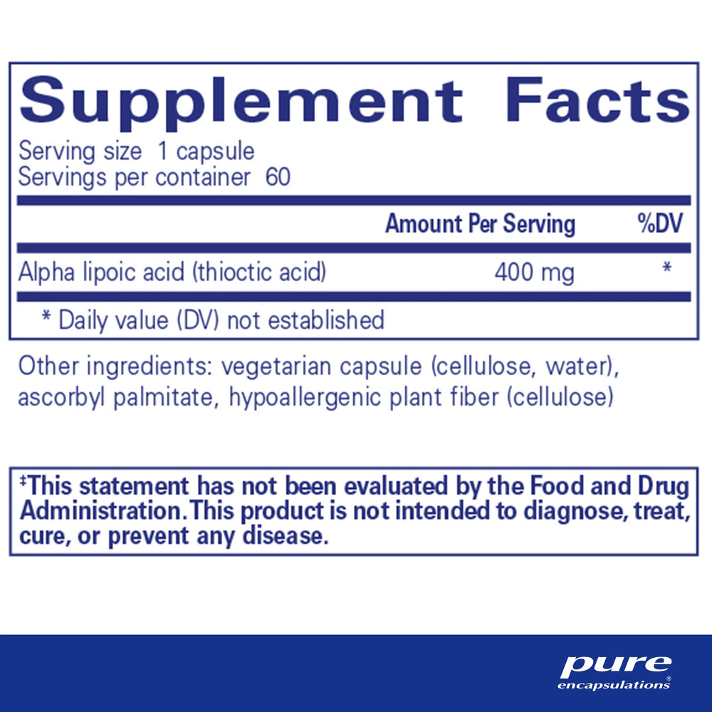 Pure Encapsulations Alpha Lipoic Acid capsules close-up for convenient daily use.