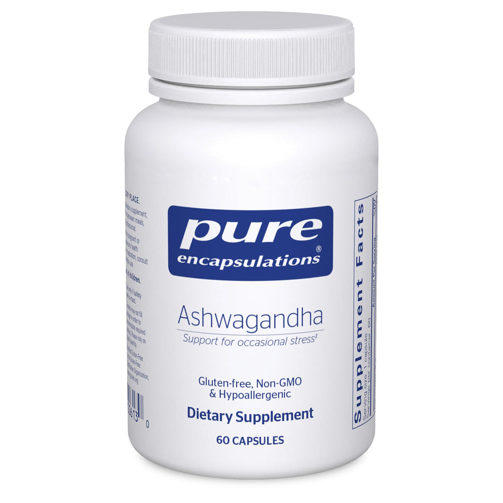 Pure Encapsulations Ashwagandha 500 mg bottle shows premium, GMO-free formula for daily support.