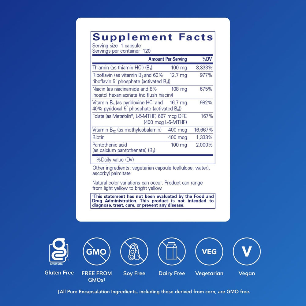 Pure Encapsulations B-Complex Plus label close-up showing methylfolate and B12 for cognitive support