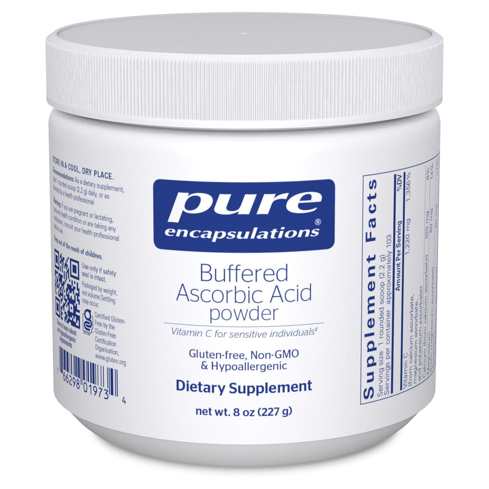 Pure Encapsulations Buffered Ascorbic Acid Powder bottle with neutral pH formula.
