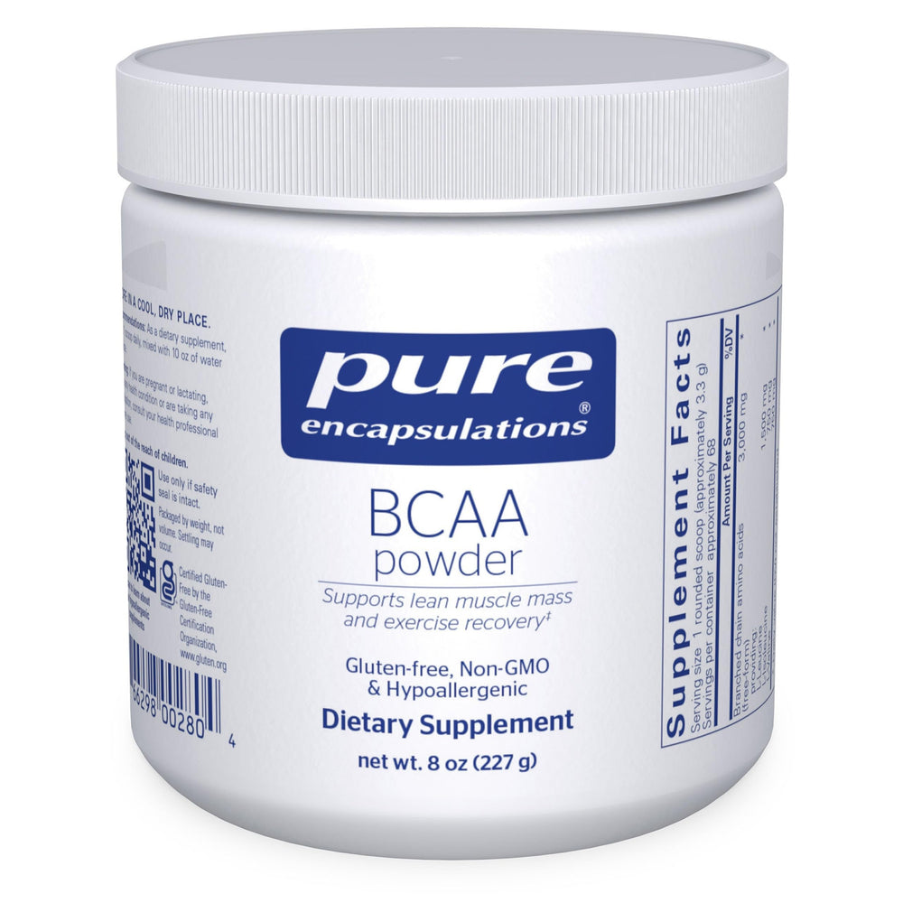 Pure Encapsulations BCAA Powder bottle showing hypoallergenic formula for workouts.
