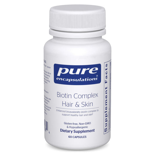 Pure Encapsulations Biotin Complex bottle shows capsules for daily support.