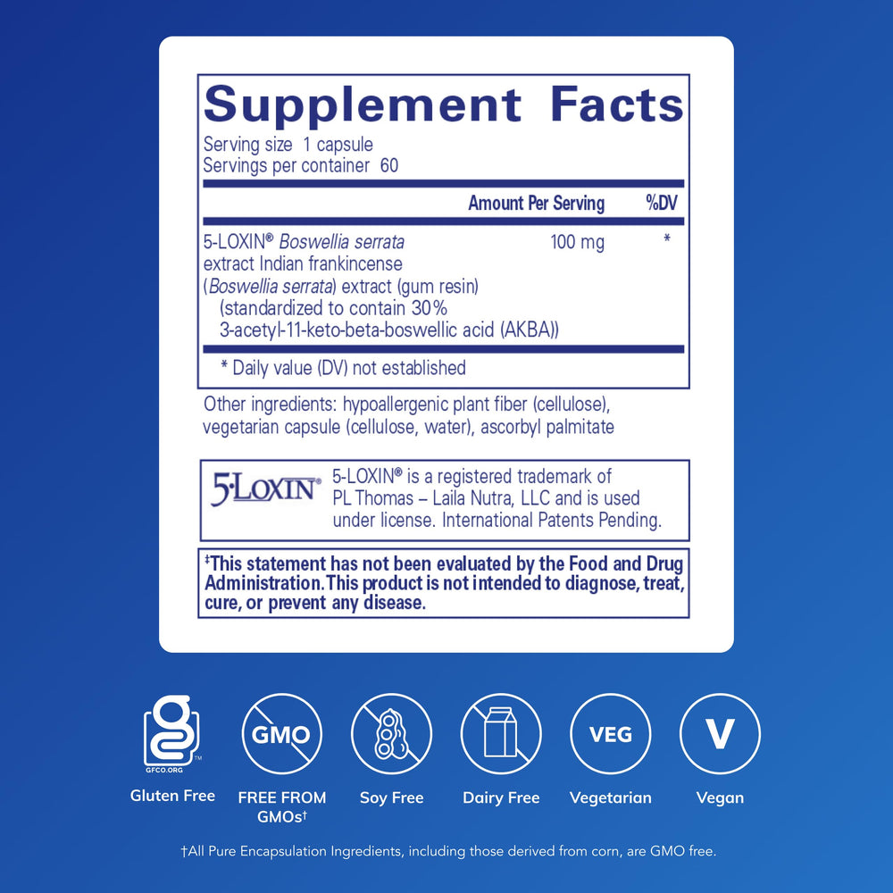 Pure Encapsulations Boswellia AKBA capsules close-up highlighting 5-LOXIN extract for joint care.