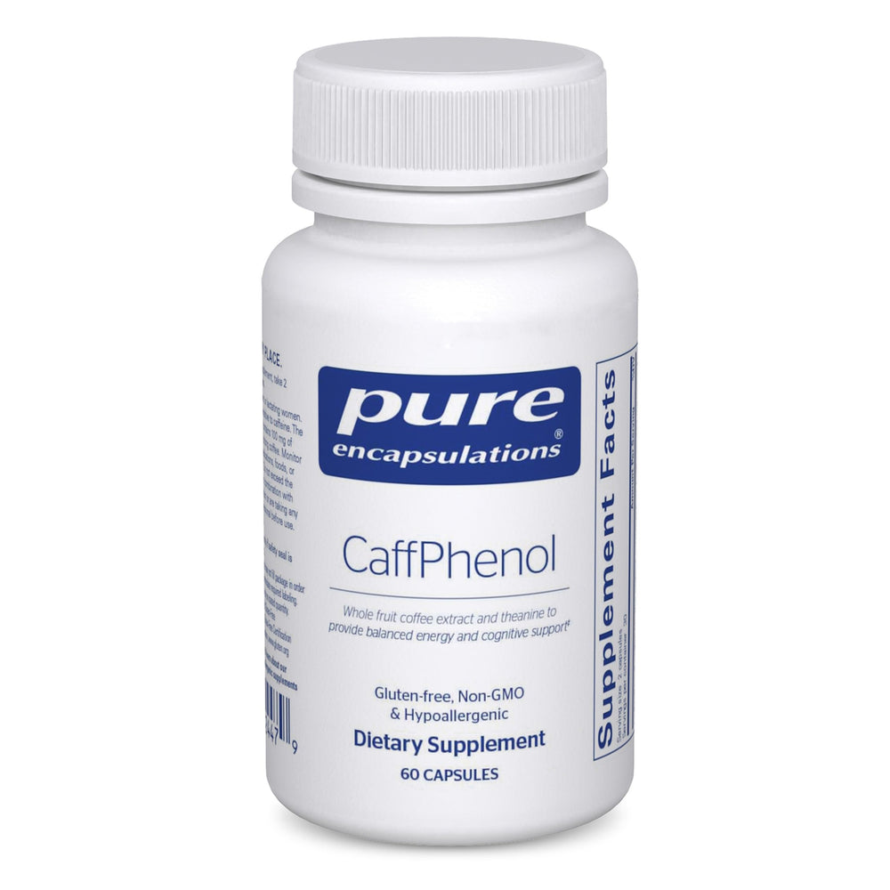 Pure Encapsulations CaffPhenol bottle showcases balanced energy support for focus.
