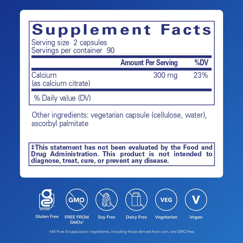 Pure Encapsulations Calcium (Citrate) bottle label close-up highlighting premium calcium citrate.