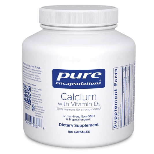 Pure Encapsulations Calcium with Vitamin D3 bottle front for daily bone support.