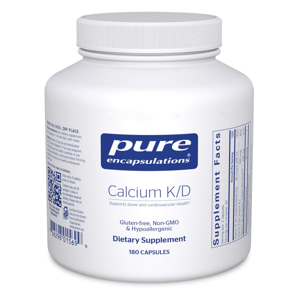 Pure Encapsulations Calcium K/D bottle front highlighting bone health support with vitamins D and K