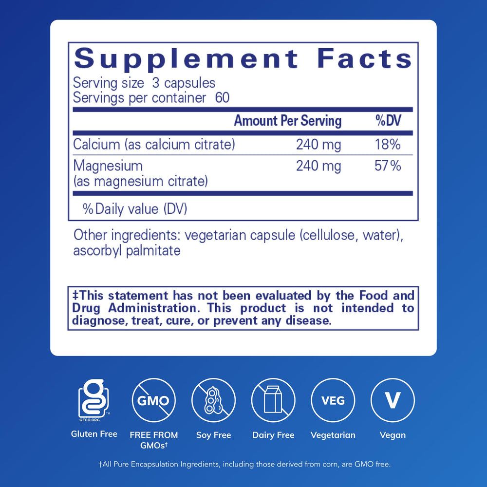 Pure Encapsulations Calcium Magnesium Citrate capsules are easily absorbed to balance minerals