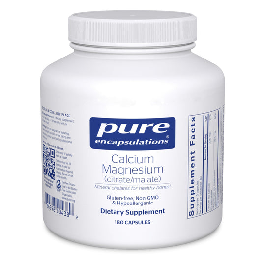 Pure Encapsulations Calcium Magnesium bottle pour highlights balanced minerals for daily support.
