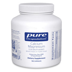 Pure Encapsulations Calcium Magnesium bottle pour highlights balanced minerals for daily support.