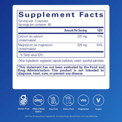 Pure Encapsulations Calcium Magnesium label closeup emphasizes citrate and malate for absorption.