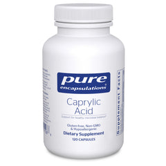 Pure Encapsulations Caprylic Acid bottle showing slow-release capsules for gut support.