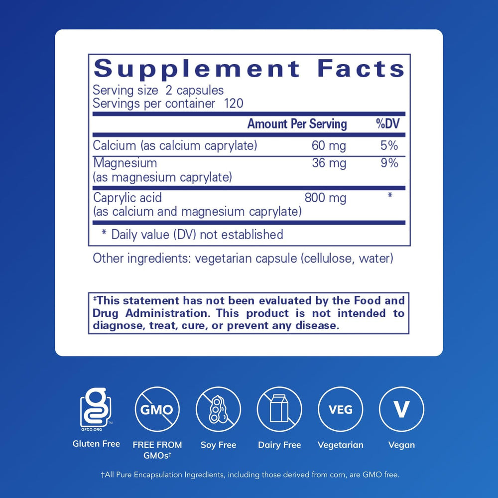 Pure Encapsulations Caprylic Acid capsules closeup showing clean ingredient list