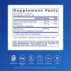 Caprylic Acid capsules close-up highlighting premium supplement for digestive balance.
