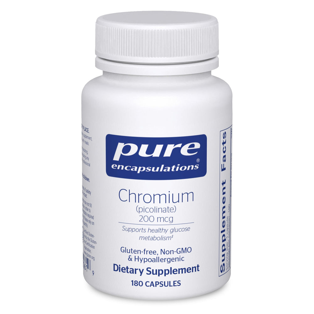 Pure Encapsulations Chromium Picolinate 200 mcg bottle supports metabolism with hypoallergenic formula.