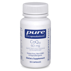 Pure Encapsulations CoQ10 bottle—premium coenzyme Q10 for cellular energy support.