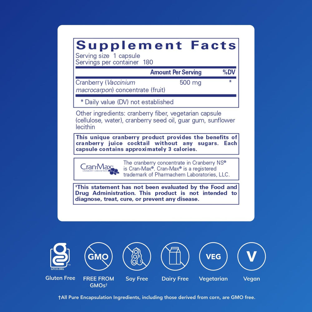 Pure Encapsulations Cranberry NS label highlights whole cranberry solids and purity commitments.