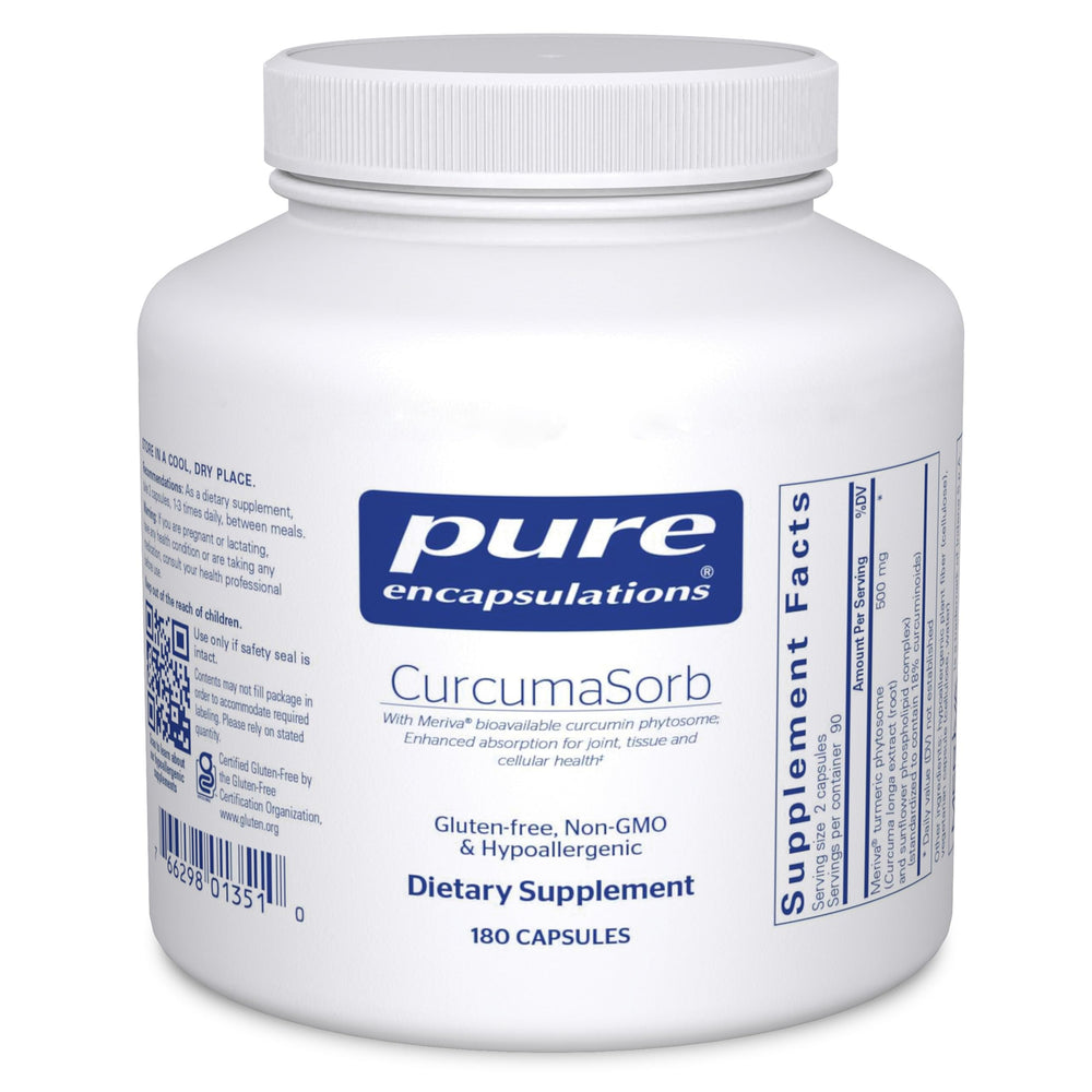 Pure Encapsulations CurcumaSorb bottle highlights premium turmeric blend for joint support