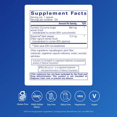 Pure Encapsulations Curcumin 500 label detail highlights ingredients and allergen-free formulation.