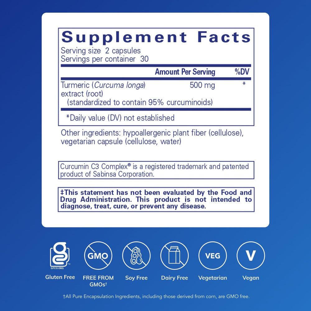 Pure Encapsulations Curcumin 500 mg capsules shown as vegan non GMO daily supplement