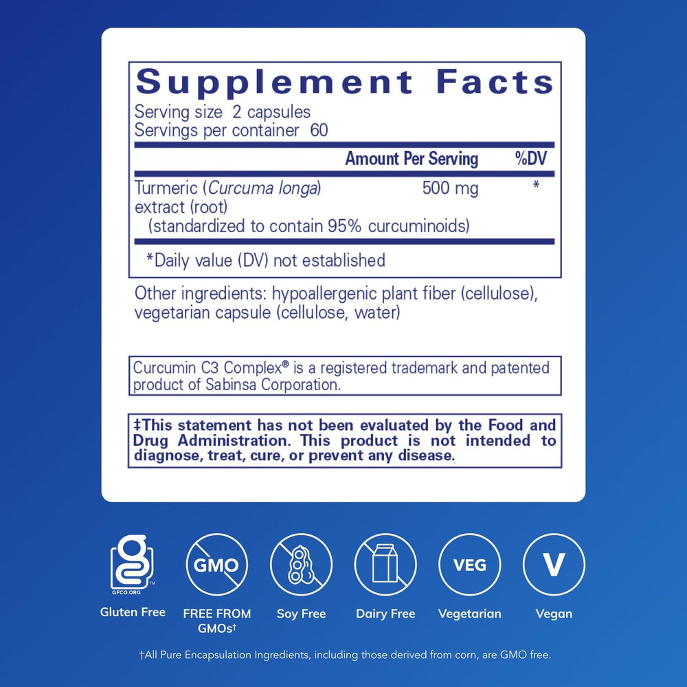 Pure Encapsulations Curcumin capsules close-up highlighting easy to swallow vegan capsules