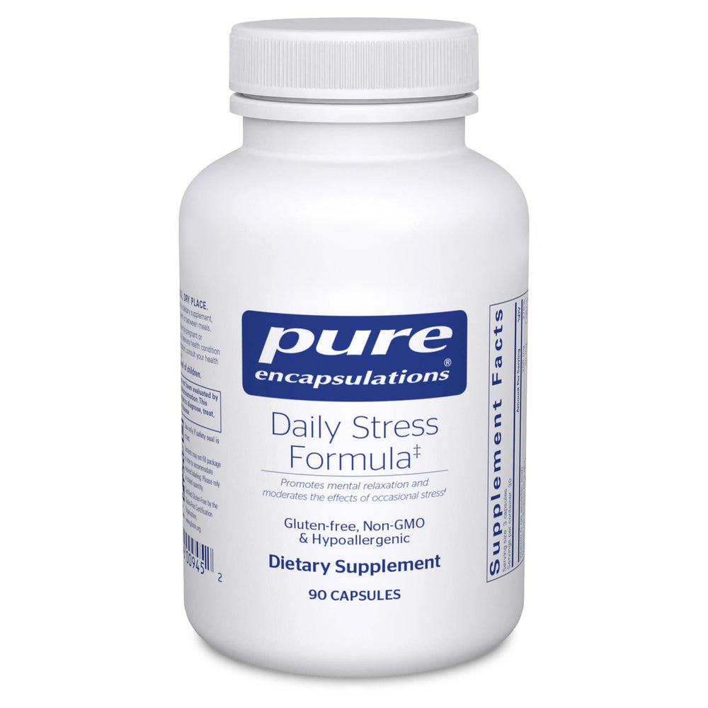 Pure Encapsulations Daily Stress Formula bottle on table suggesting calm support