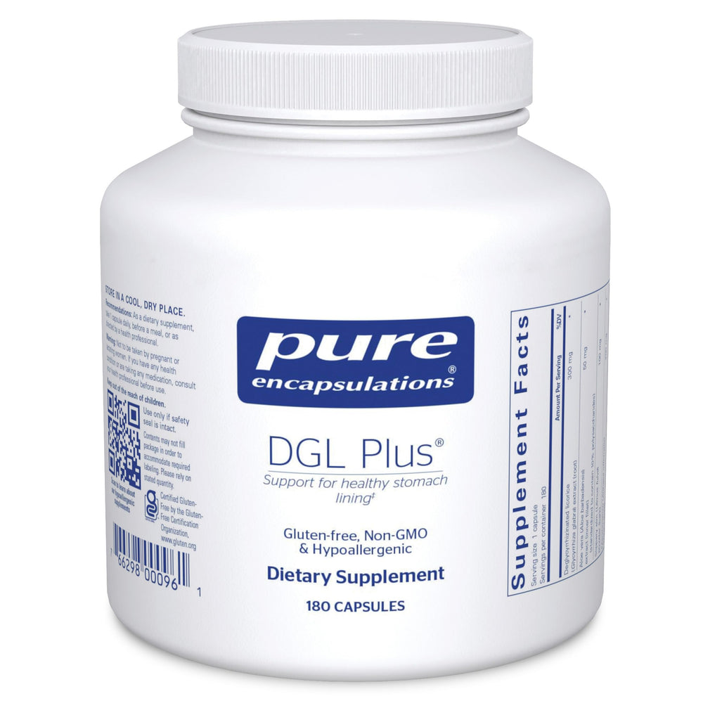 Pure Encapsulations DGL Plus bottle front shows vegan and gluten-free status.
