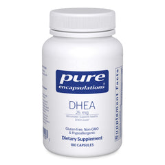 Pure Encapsulations DHEA 25 mg bottle close-up highlighting absorption
