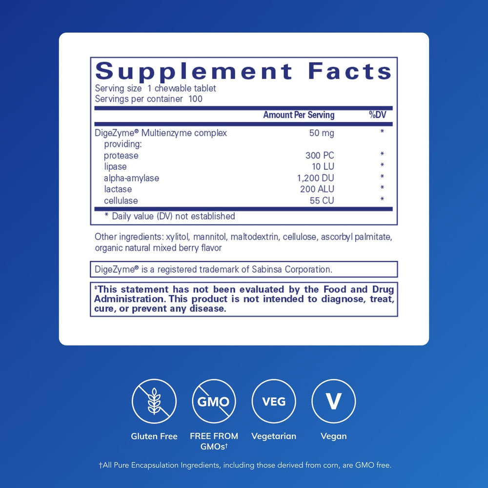 Close-up of Pure Encapsulations Digestive Enzyme Chewables tablets for easy dosing.