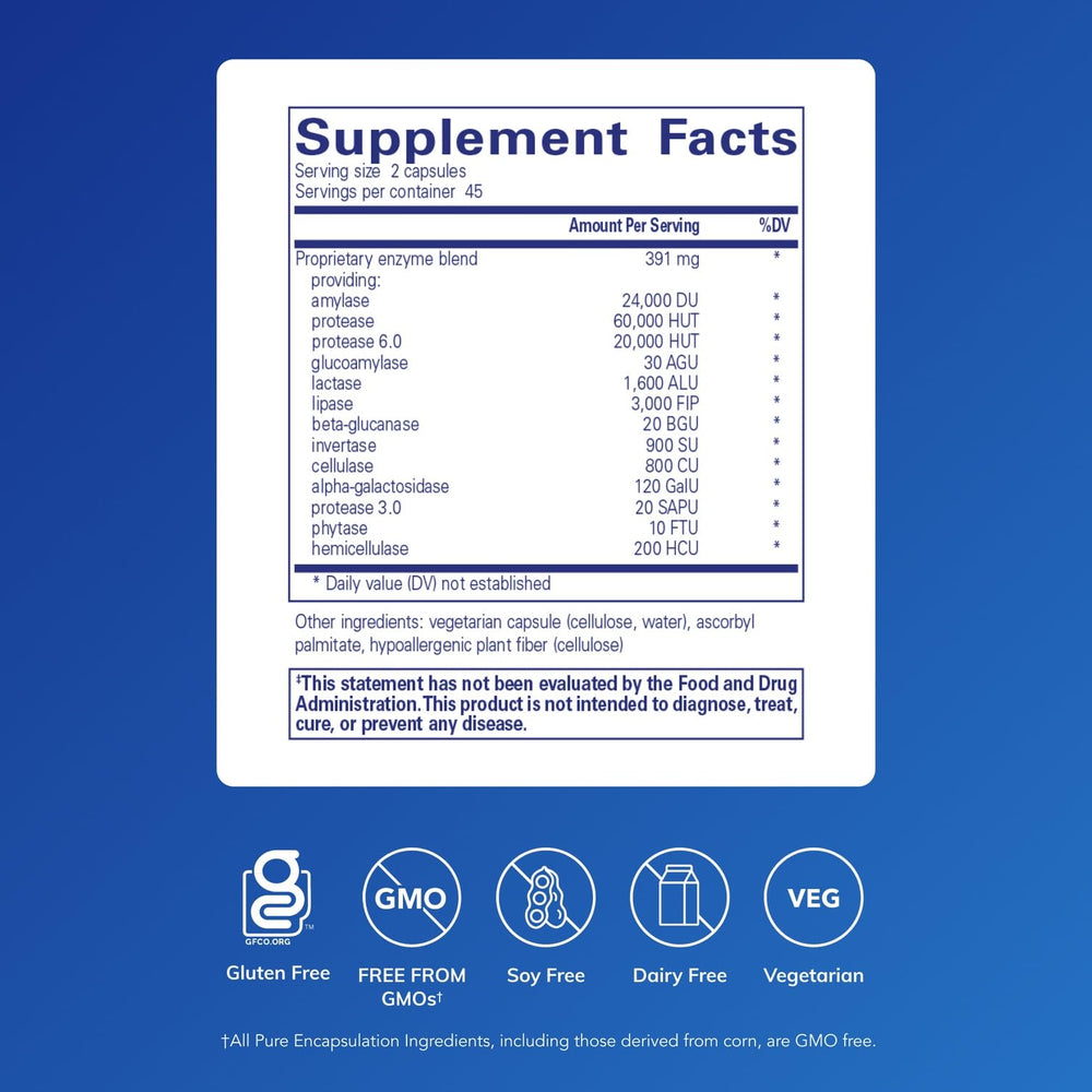 Pure Encapsulations Digestive Enzymes Ultra bottle back with ingredient notes and allergen information