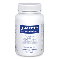 Pure Encapsulations Digestive Enzymes Ultra bottle label highlights vegan enzymes for nutrient absorption.