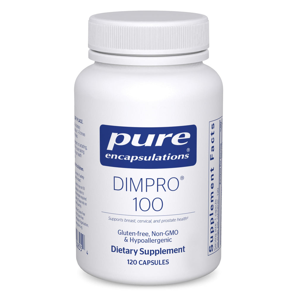 Pure Encapsulations DIMPRO 100 bottle shows vegan, gluten-free DIM complex for balance.