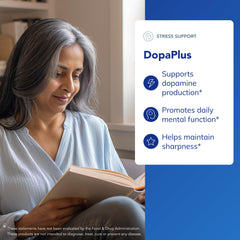 DopaPlus bottle shows vegan, gluten-free benefits for daily brain function.