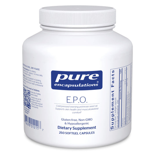 Pure Encapsulations E.P.O. softgel bottle shows skin support potential and purity.