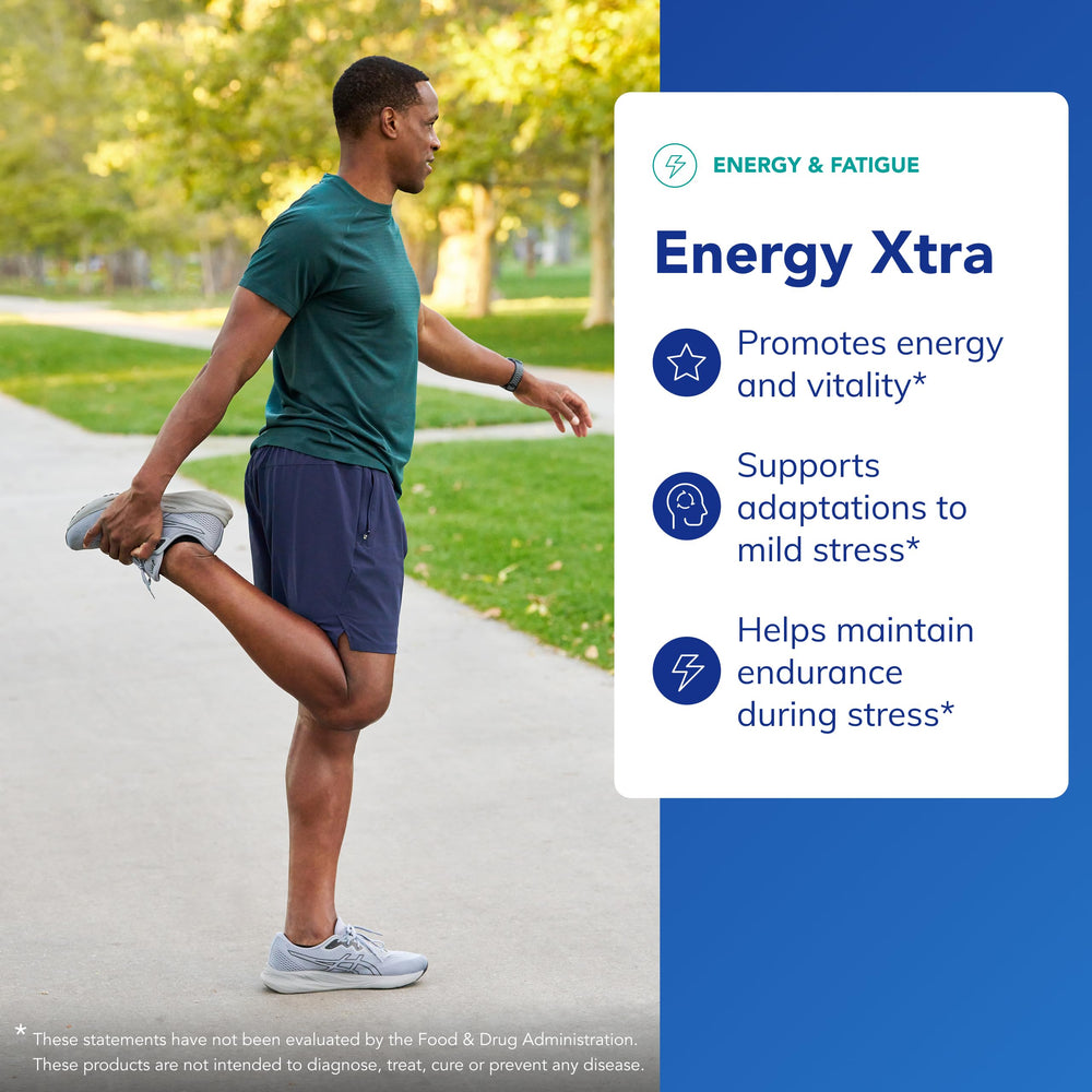 Energy Xtra label detail highlights adaptogens and purity.