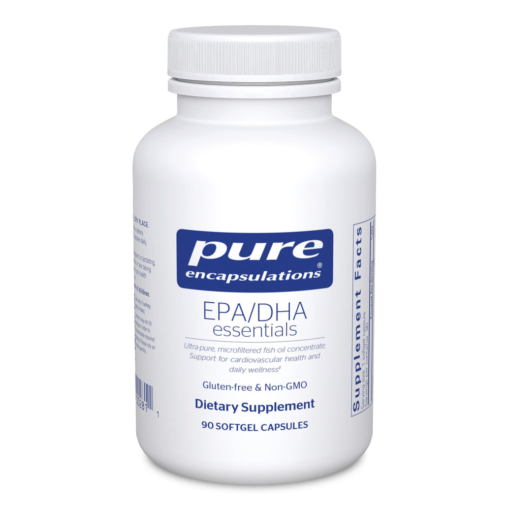 Pure Encapsulations EPA/DHA Essentials bottle front highlights omega-3 support for heart and brain