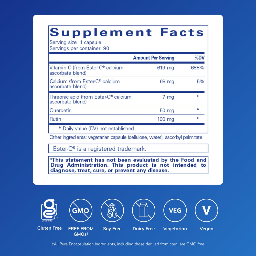 Pure Encapsulations Ester-C capsules for convenient daily immune support.
