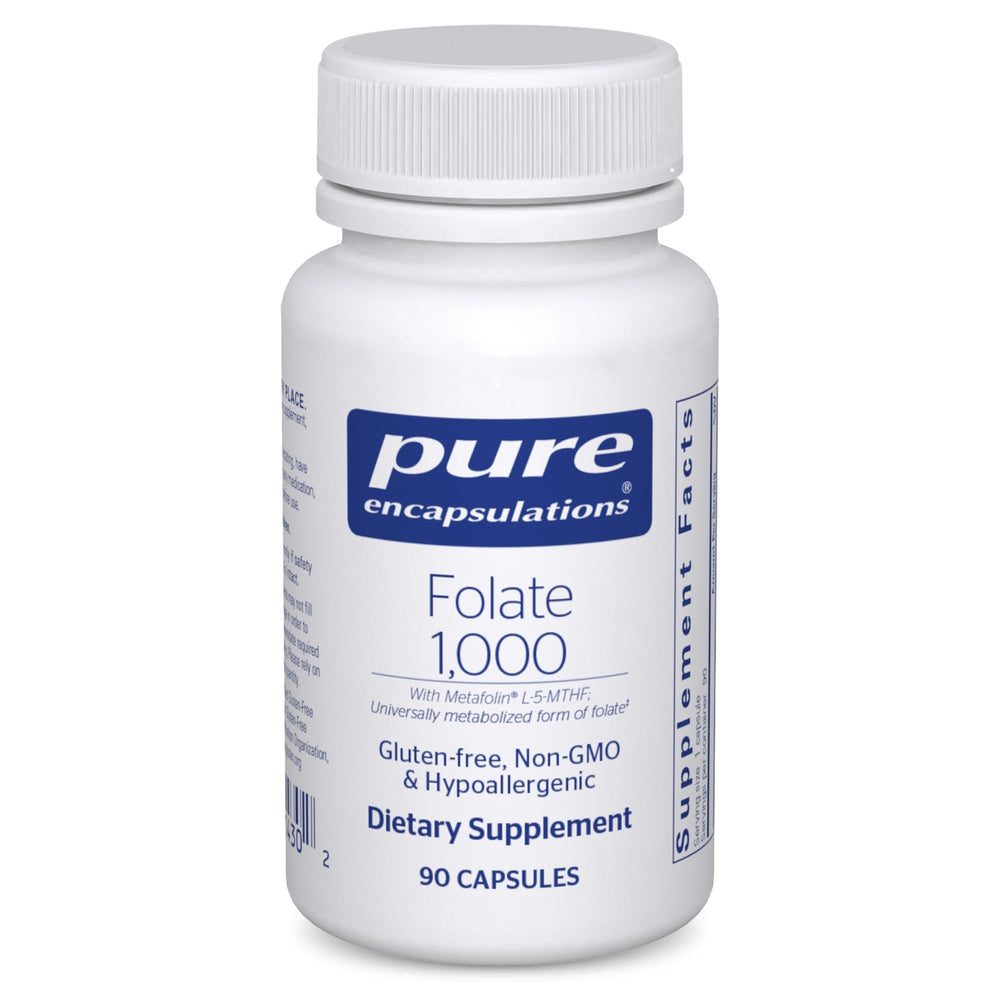 Pure Encapsulations Folate 1000 bottle close-up showcasing Metafolin L-5-MTHF for heart support.