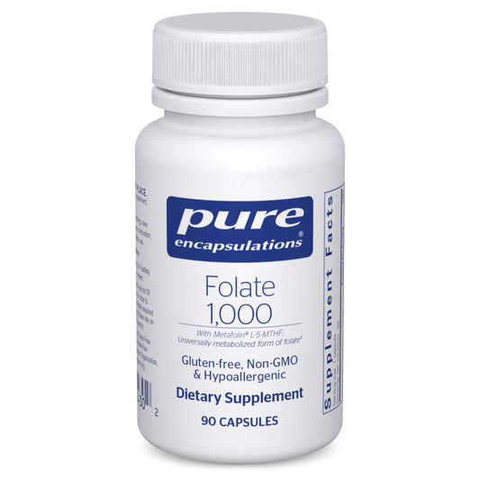 Pure Encapsulations Folate 1000 bottle close-up showcasing Metafolin L-5-MTHF for heart support.