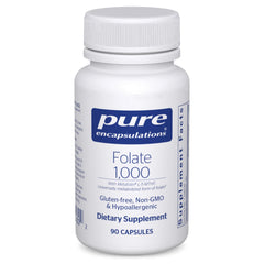 Pure Encapsulations Folate 1000 bottle close-up showcasing Metafolin L-5-MTHF for heart support.