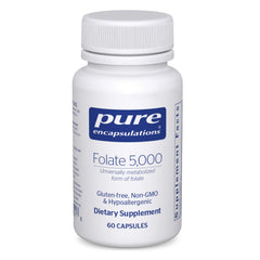 Pure Encapsulations Folate 5000 bottle showing Metafolin for balanced folate support.