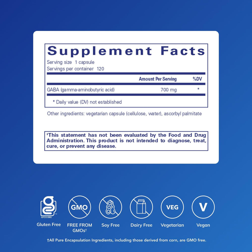 Closeup of Pure Encapsulations GABA capsules highlighting quality ingredients.