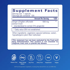 Pure Encapsulations Ginger Extract label close-up highlighting premium formulation for heart health
