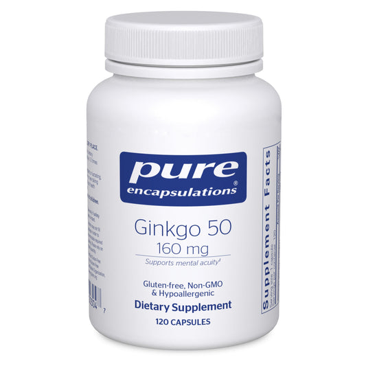 Pure Encapsulations Ginkgo 50 bottle shown for daily cognitive support.