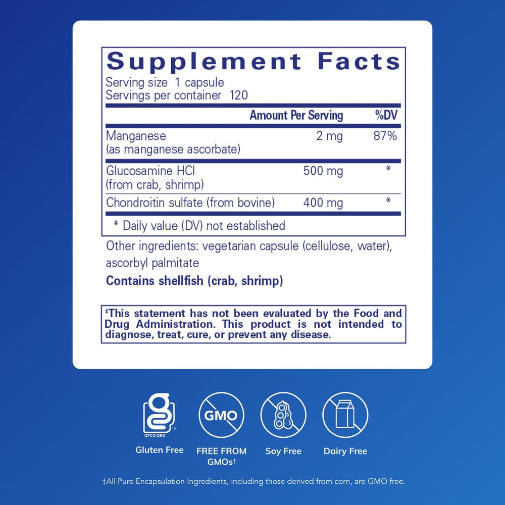 Pure Encapsulations glucosamine chondroitin manganese capsules ready for daily mobility.
