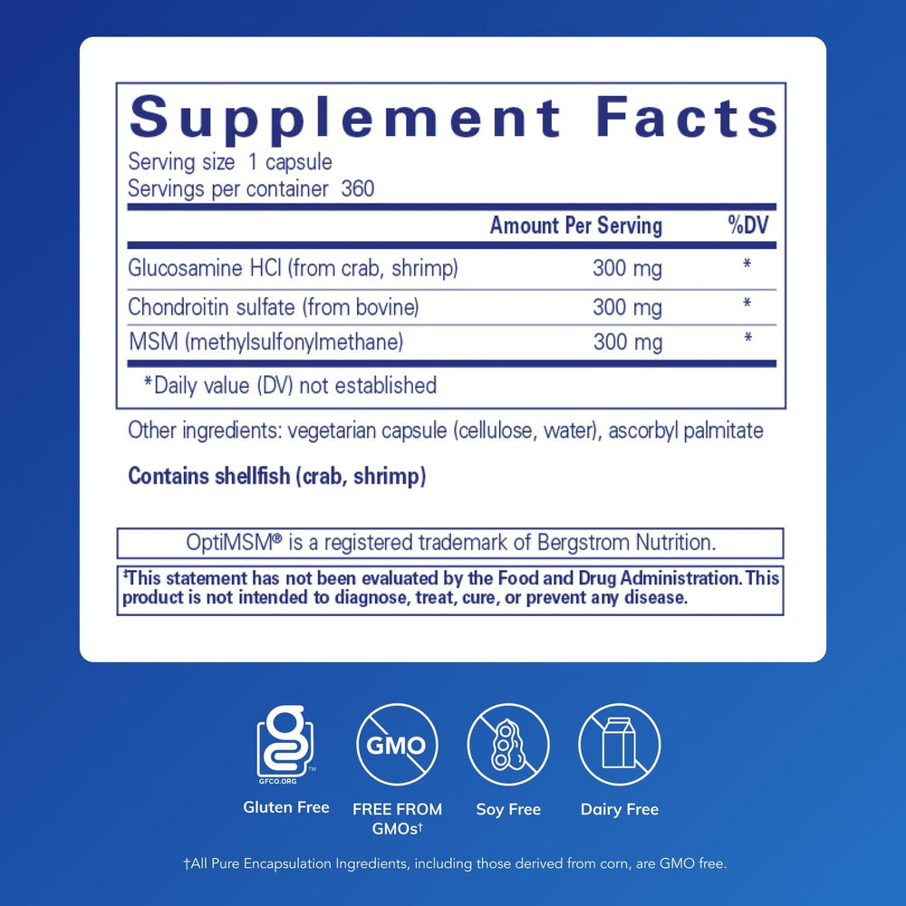 Pure Encapsulations Glucosamine Chondroitin with MSM capsules highlight gluten-free, non-GMO cartilage support.