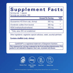 Pure Encapsulations Glucosamine Chondroitin with MSM capsules highlight gluten-free, non-GMO cartilage support.