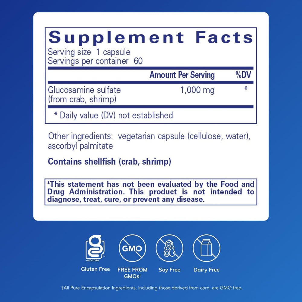 Pure Encapsulations Glucosamine Sulfate 1000 mg bottle promotes mobility.
