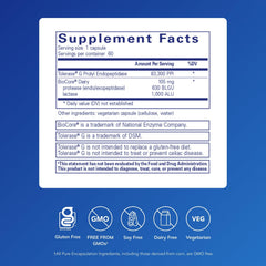 Pure Encapsulations Gluten/Dairy Digest bottle-back-label with ingredients and directions